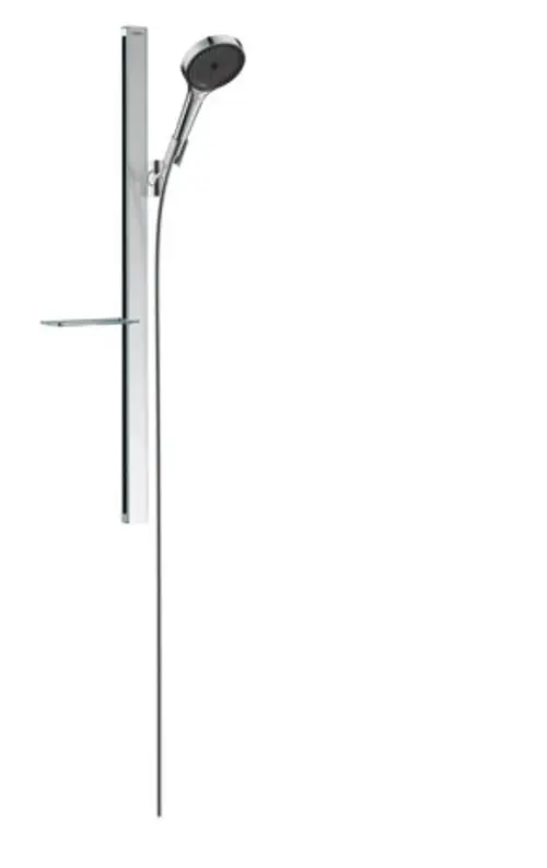 Hansgrohe Brauseset mit verstellbarem Handbrausekopf, schlanker Brausestange und Ablagefläche, ausgeführt in Chrom, für die Montage in Duschbereichen.